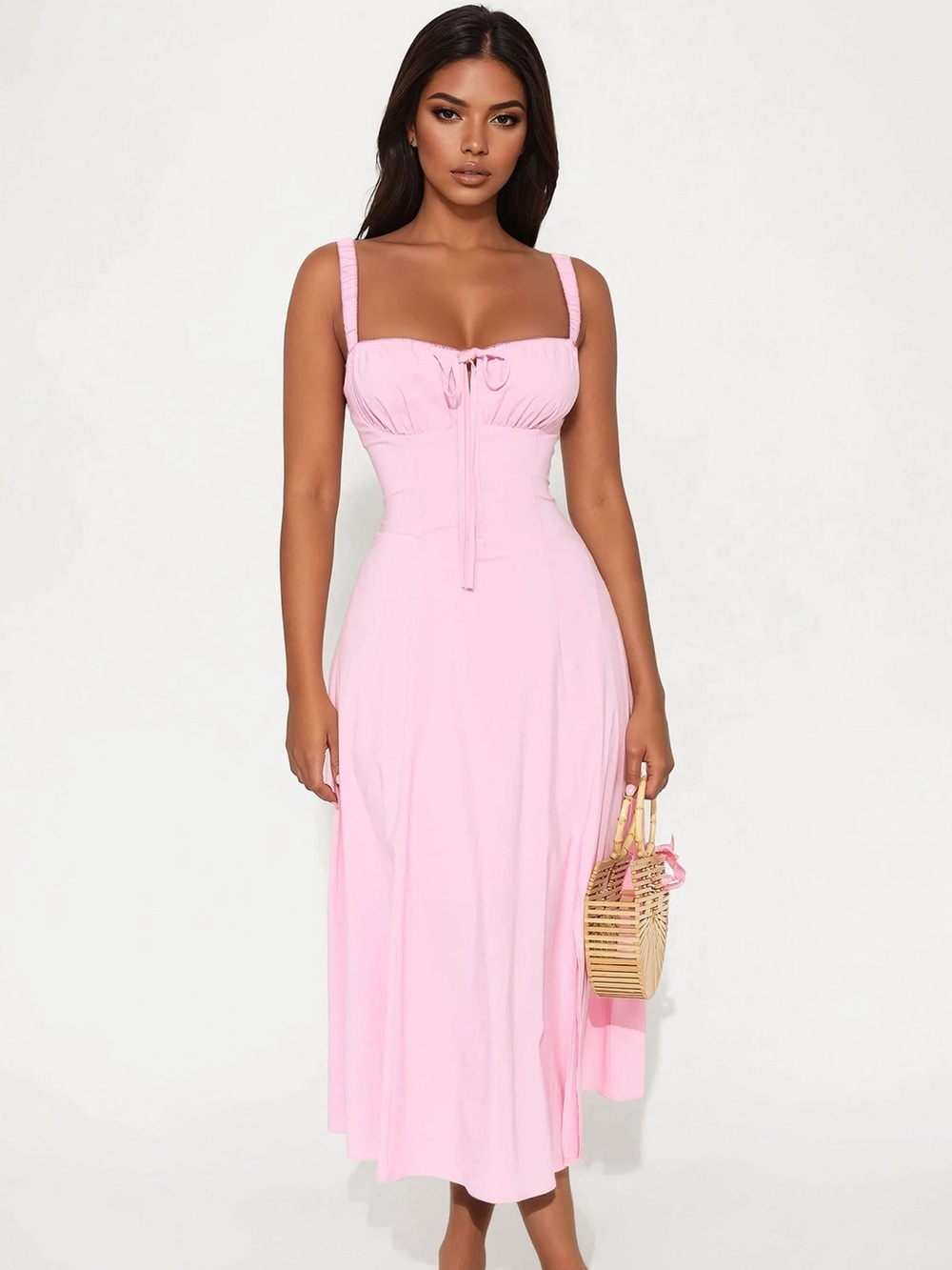Fashion Nova Light Pink Ruched Bust Midi Dress
